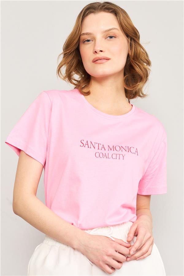 Çetinkaya Fithit 8470 Bayan Bisiklet Yaka 30/1 Compact Penye Süprem Baskılı T-shirt Pembe