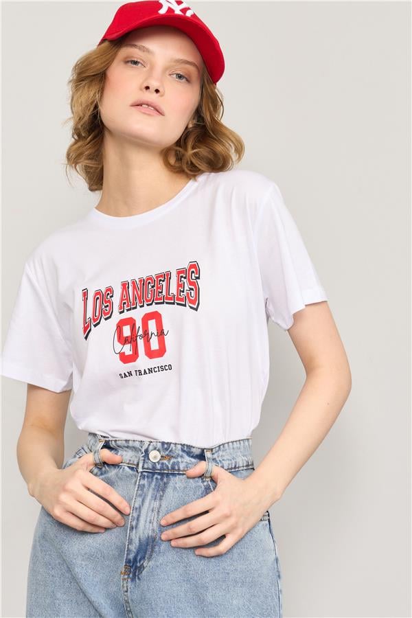 Çetinkaya Fithit 8474 Bayan Bisiklet Yaka 30/1 Compact Penye Süprem Baskılı T-shirt Beyaz