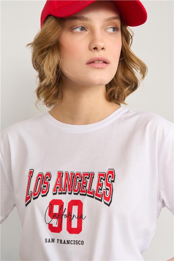 Çetinkaya Fithit 8474 Bayan Bisiklet Yaka 30/1 Compact Penye Süprem Baskılı T-shirt Beyaz