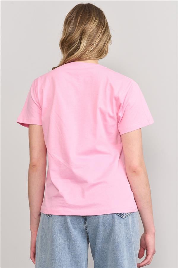 Çetinkaya Fithit 8474 Bayan Bisiklet Yaka 30/1 Compact Penye Süprem Baskılı T-shirt Pembe