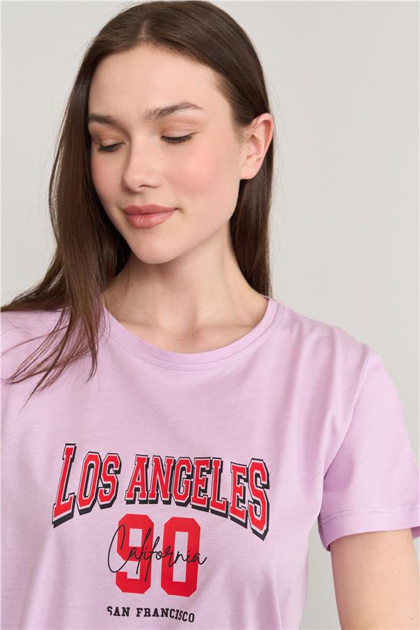 Çetinkaya Fithit 8474 Bayan Bisiklet Yaka 30/1 Compact Penye Süprem Baskılı T-shirt Lila