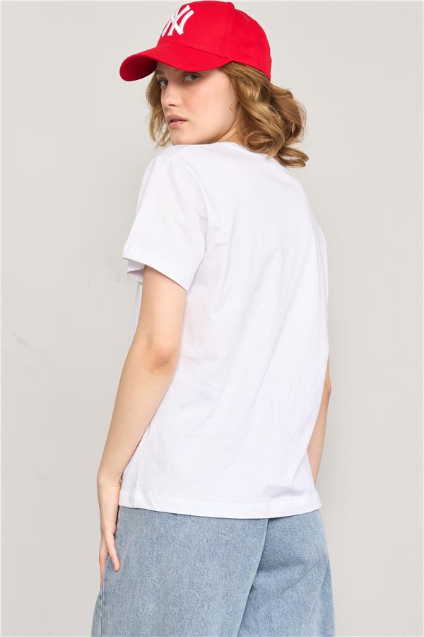 Çetinkaya Fithit 8474 Bayan Bisiklet Yaka 30/1 Compact Penye Süprem Baskılı T-shirt Beyaz