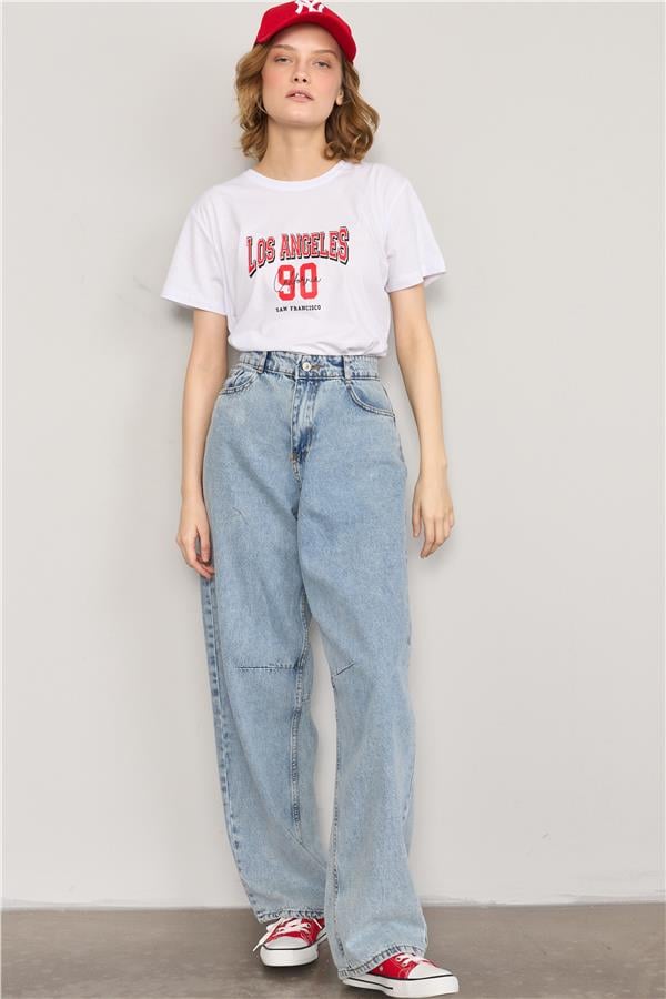 Çetinkaya Fithit 8474 Bayan Bisiklet Yaka 30/1 Compact Penye Süprem Baskılı T-shirt Beyaz