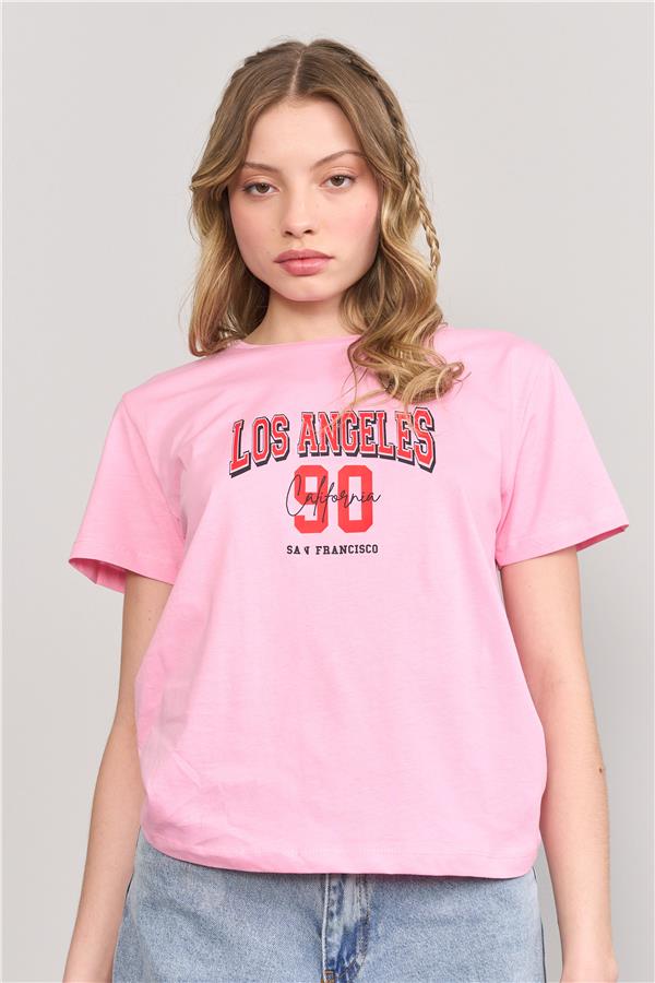 Çetinkaya Fithit 8474 Bayan Bisiklet Yaka 30/1 Compact Penye Süprem Baskılı T-shirt Pembe