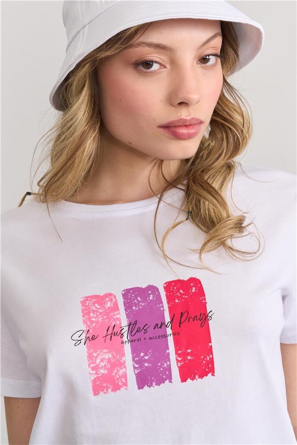 Çetinkaya Fithit 8479 Bayan Bisiklet Yaka 30/1 Compact Penye Süprem Baskılı T-shirt Beyaz
