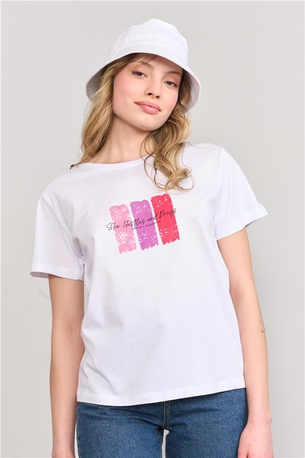 Çetinkaya Fithit 8479 Bayan Bisiklet Yaka 30/1 Compact Penye Süprem Baskılı T-shirt Beyaz