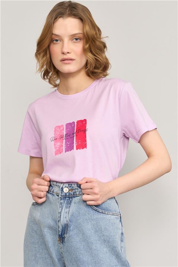 Çetinkaya Fithit 8479 Bayan Bisiklet Yaka 30/1 Compact Penye Süprem Baskılı T-shirt Lila
