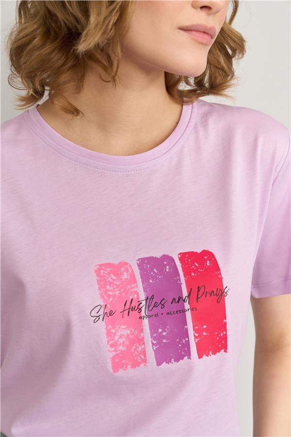 Çetinkaya Fithit 8479 Bayan Bisiklet Yaka 30/1 Compact Penye Süprem Baskılı T-shirt Lila