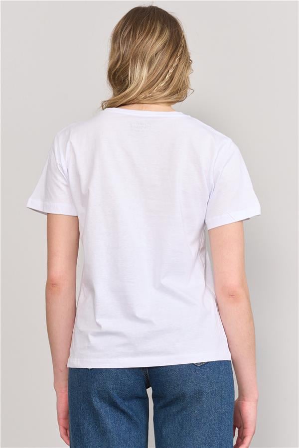 Çetinkaya Fithit 8479 Bayan Bisiklet Yaka 30/1 Compact Penye Süprem Baskılı T-shirt Beyaz