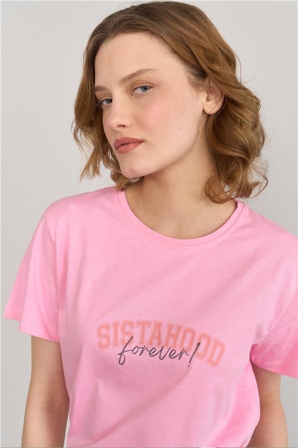 Çetinkaya Fithit 8482 Bayan Bisiklet Yaka 30/1 Compact Penye Süprem Baskılı T-shirt Pembe