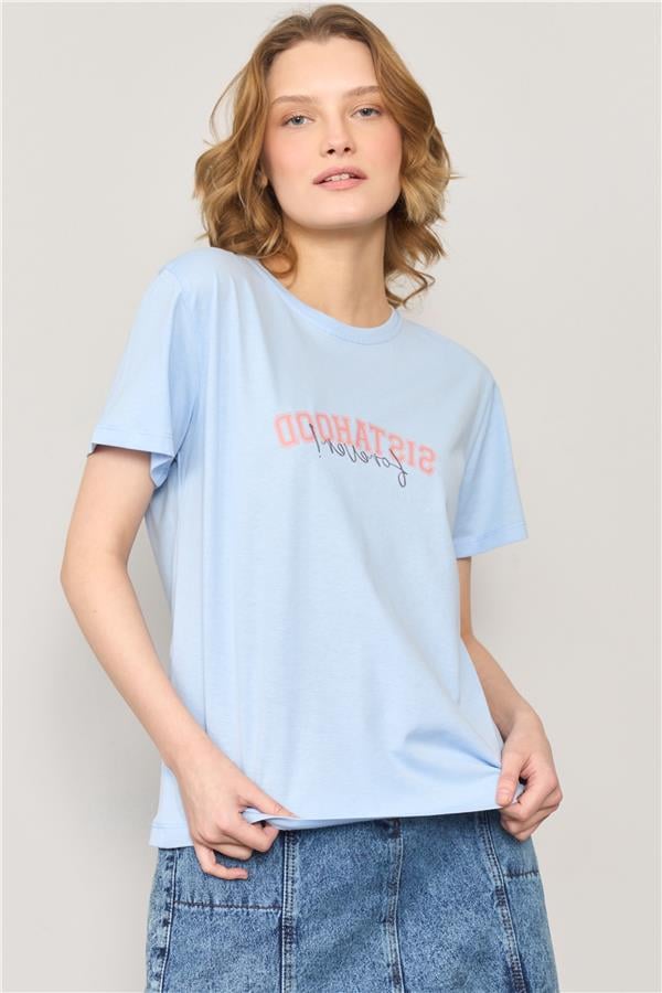 Çetinkaya Fithit 8482 Bayan Bisiklet Yaka 30/1 Compact Penye Süprem Baskılı T-shirt Açık Mavi