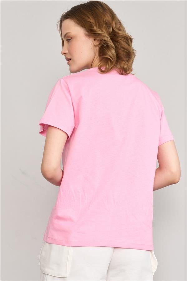 Çetinkaya Fithit 8482 Bayan Bisiklet Yaka 30/1 Compact Penye Süprem Baskılı T-shirt Pembe