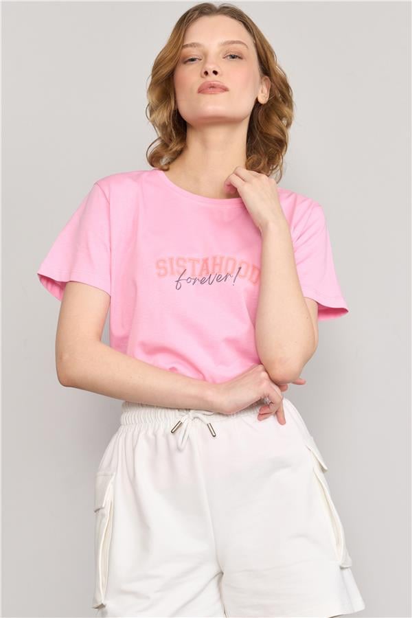 Çetinkaya Fithit 8482 Bayan Bisiklet Yaka 30/1 Compact Penye Süprem Baskılı T-shirt Pembe