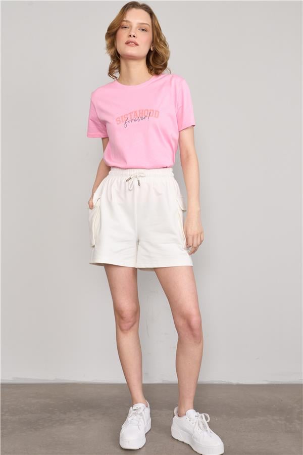 Çetinkaya Fithit 8482 Bayan Bisiklet Yaka 30/1 Compact Penye Süprem Baskılı T-shirt Pembe