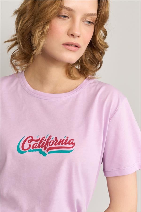 Çetinkaya Fithit 8483 Bayan Bisiklet Yaka 30/1 Compact Penye Süprem Baskılı T-shirt Lila