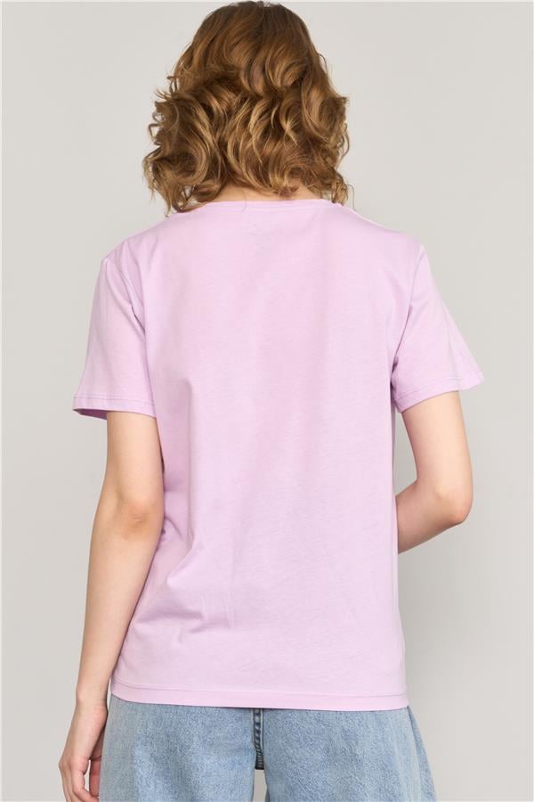 Çetinkaya Fithit 8483 Bayan Bisiklet Yaka 30/1 Compact Penye Süprem Baskılı T-shirt Lila