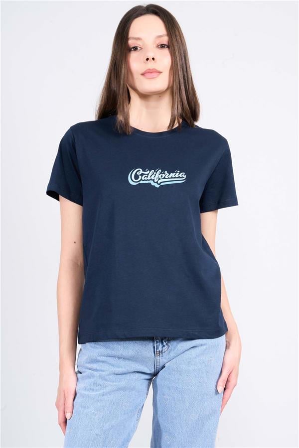 Çetinkaya Fithit 8483 Bayan Bisiklet Yaka 30/1 Compact Penye Süprem Baskılı T-shirt Lacivert