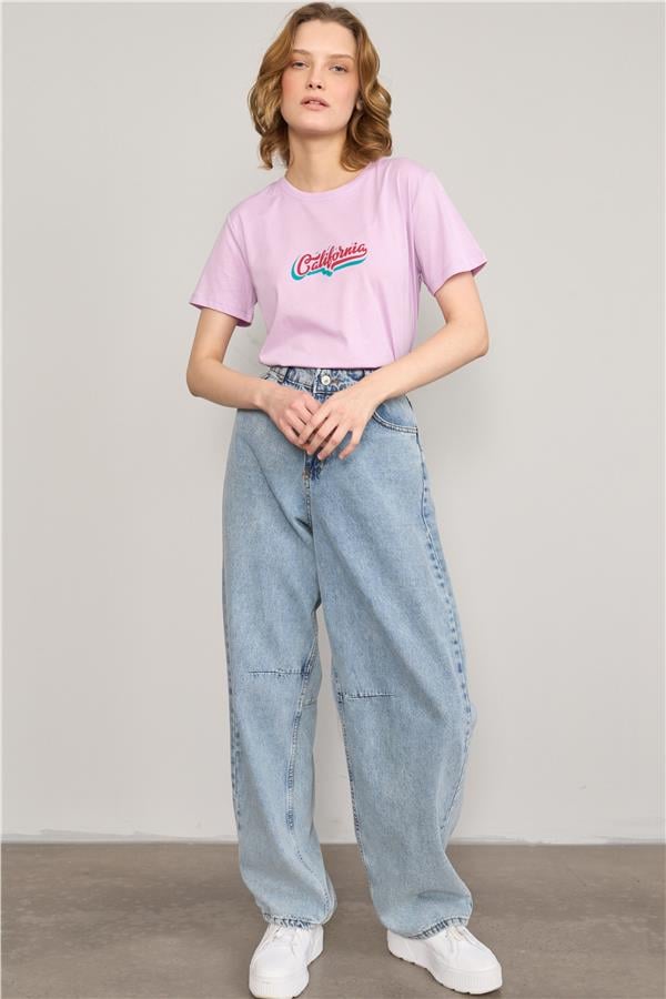 Çetinkaya Fithit 8483 Bayan Bisiklet Yaka 30/1 Compact Penye Süprem Baskılı T-shirt Lila