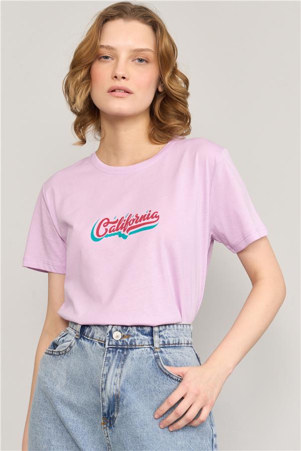Çetinkaya Fithit 8483 Bayan Bisiklet Yaka 30/1 Compact Penye Süprem Baskılı T-shirt Lila