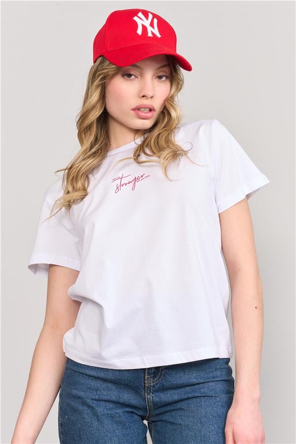 Çetinkaya Fithit 8484 Bayan Bisiklet Yaka 30/1 Compact Penye Süprem Baskılı T-shirt Beyaz