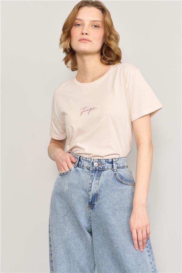 Çetinkaya Fithit 8484 Bayan Bisiklet Yaka 30/1 Compact Penye Süprem Baskılı T-shirt Taş