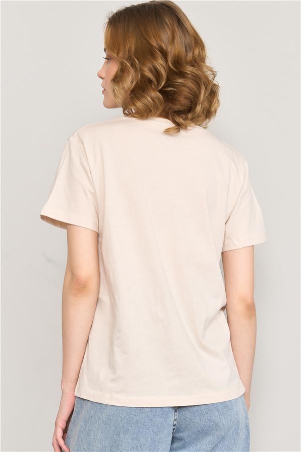 Çetinkaya Fithit 8484 Bayan Bisiklet Yaka 30/1 Compact Penye Süprem Baskılı T-shirt Taş