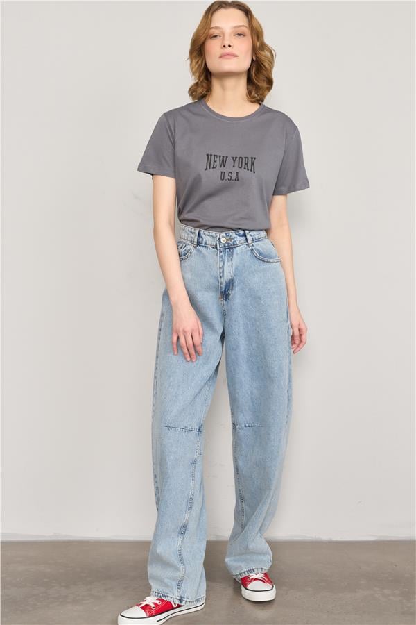 Çetinkaya Fithit 8488 Bayan Bisiklet Yaka 30/1 Compact Penye Süprem Baskılı T-shirt Antrasit