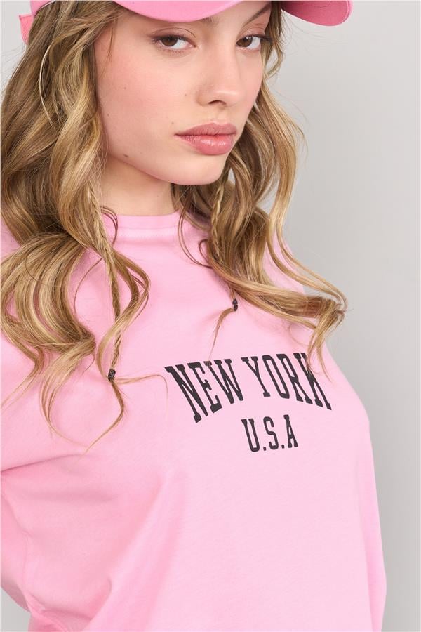 Çetinkaya Fithit 8488 Bayan Bisiklet Yaka 30/1 Compact Penye Süprem Baskılı T-shirt Pembe