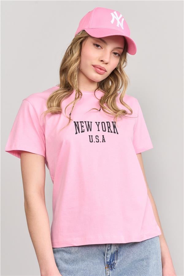 Çetinkaya Fithit 8488 Bayan Bisiklet Yaka 30/1 Compact Penye Süprem Baskılı T-shirt Pembe