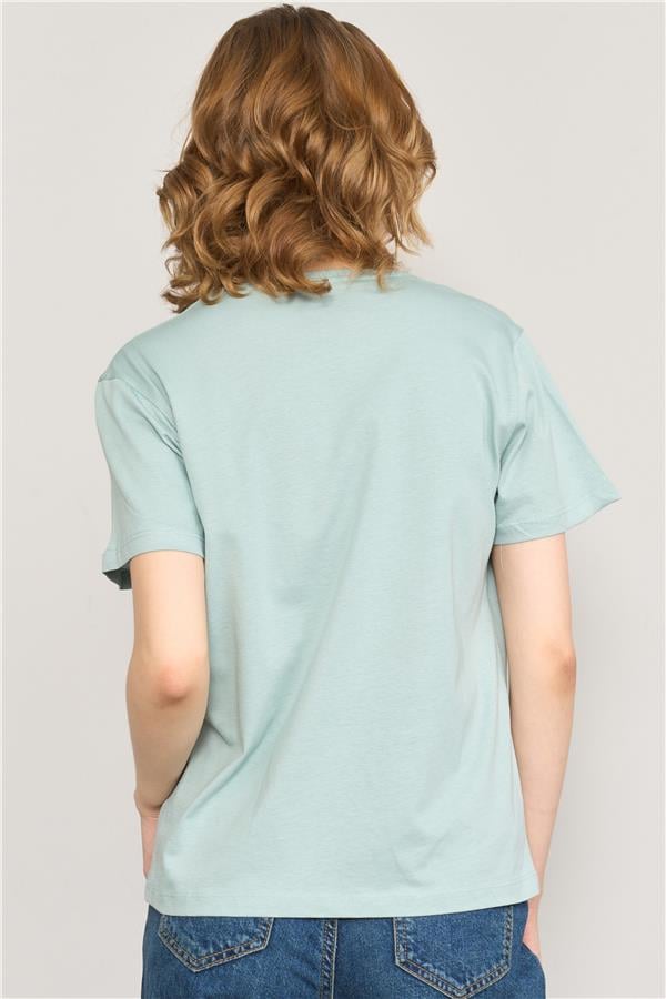 Çetinkaya Fithit 8488 Bayan Bisiklet Yaka 30/1 Compact Penye Süprem Baskılı T-shirt Eski Yeşil