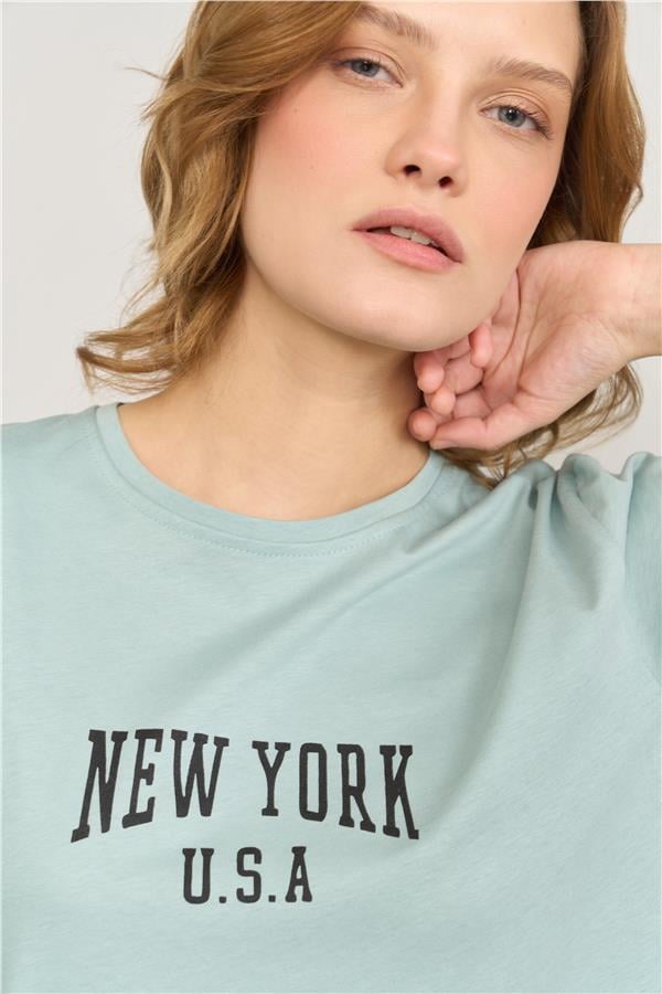 Çetinkaya Fithit 8488 Bayan Bisiklet Yaka 30/1 Compact Penye Süprem Baskılı T-shirt Eski Yeşil