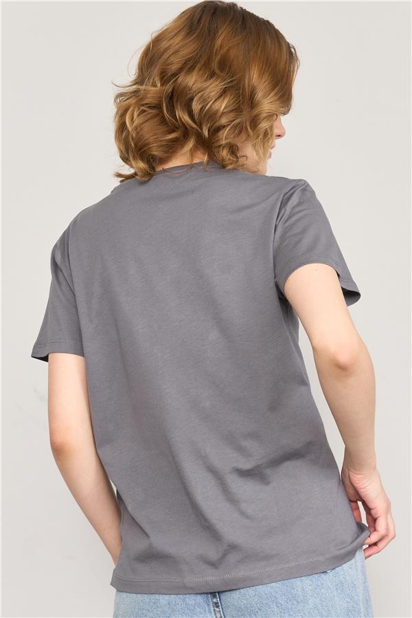 Çetinkaya Fithit 8488 Bayan Bisiklet Yaka 30/1 Compact Penye Süprem Baskılı T-shirt Antrasit