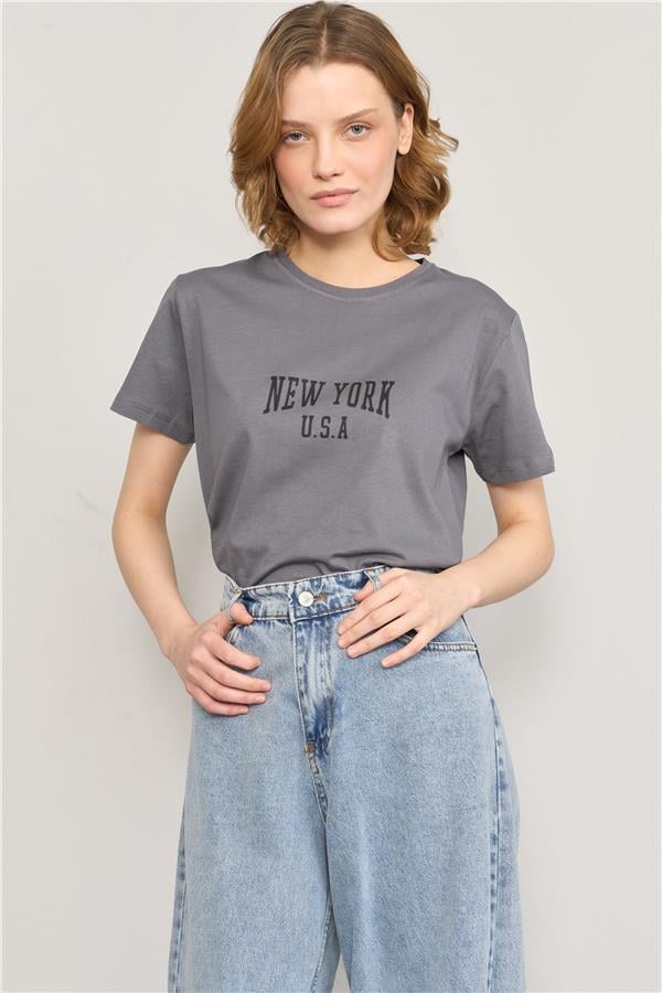 Çetinkaya Fithit 8488 Bayan Bisiklet Yaka 30/1 Compact Penye Süprem Baskılı T-shirt Antrasit