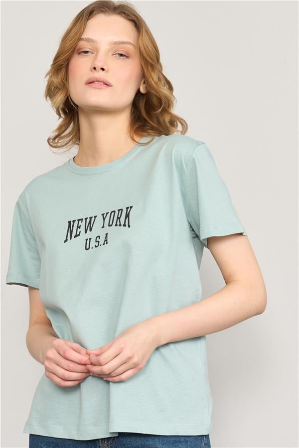 Çetinkaya Fithit 8488 Bayan Bisiklet Yaka 30/1 Compact Penye Süprem Baskılı T-shirt Eski Yeşil