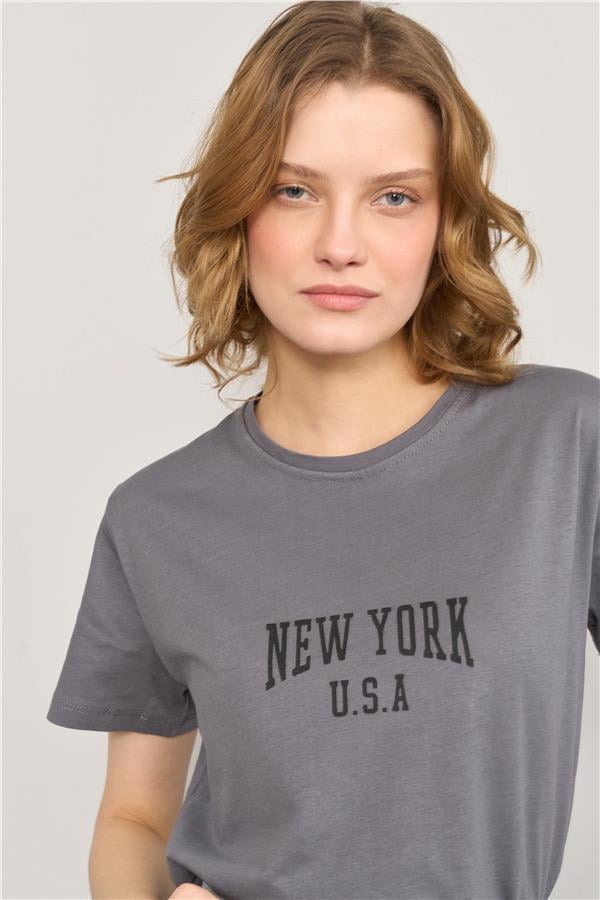 Çetinkaya Fithit 8488 Bayan Bisiklet Yaka 30/1 Compact Penye Süprem Baskılı T-shirt Antrasit