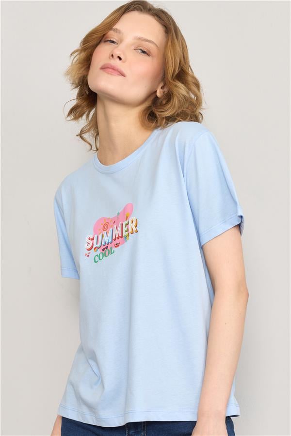 Çetinkaya Fithit 8493 Bayan Bisiklet Yaka 30/1 Compact Penye Süprem Baskılı T-shirt Açık Mavi