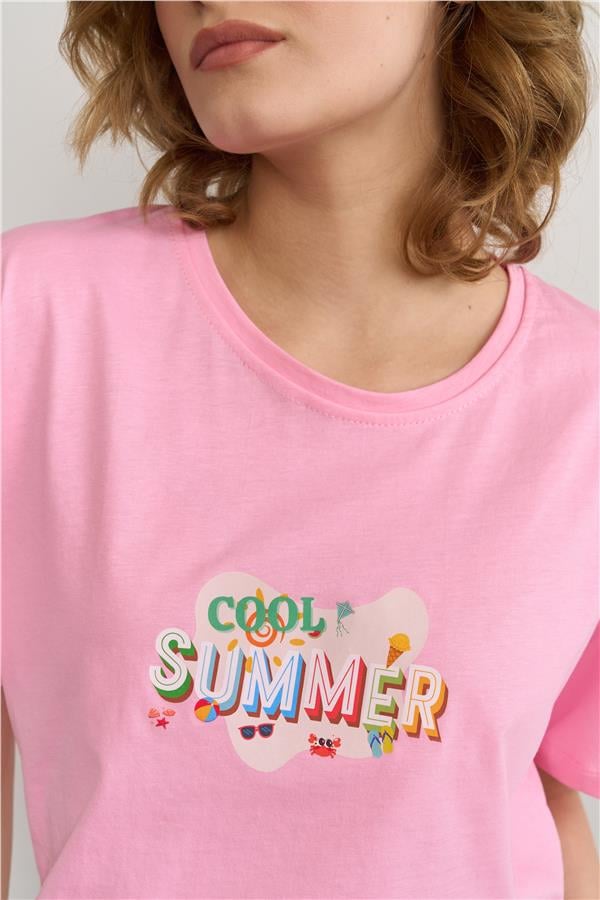Çetinkaya Fithit 8493 Bayan Bisiklet Yaka 30/1 Compact Penye Süprem Baskılı T-shirt Pembe