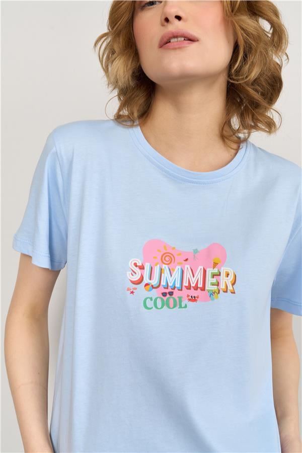 Çetinkaya Fithit 8493 Bayan Bisiklet Yaka 30/1 Compact Penye Süprem Baskılı T-shirt Açık Mavi