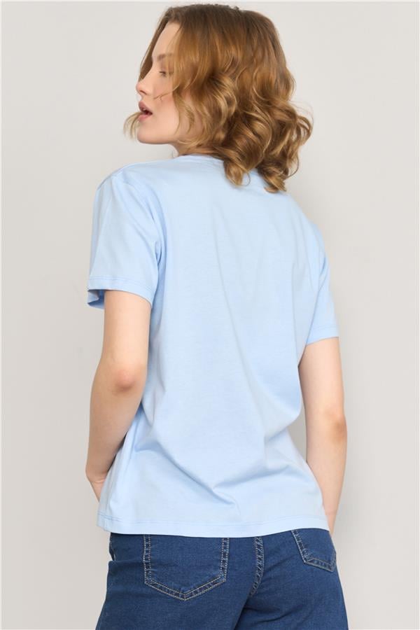 Çetinkaya Fithit 8493 Bayan Bisiklet Yaka 30/1 Compact Penye Süprem Baskılı T-shirt Açık Mavi