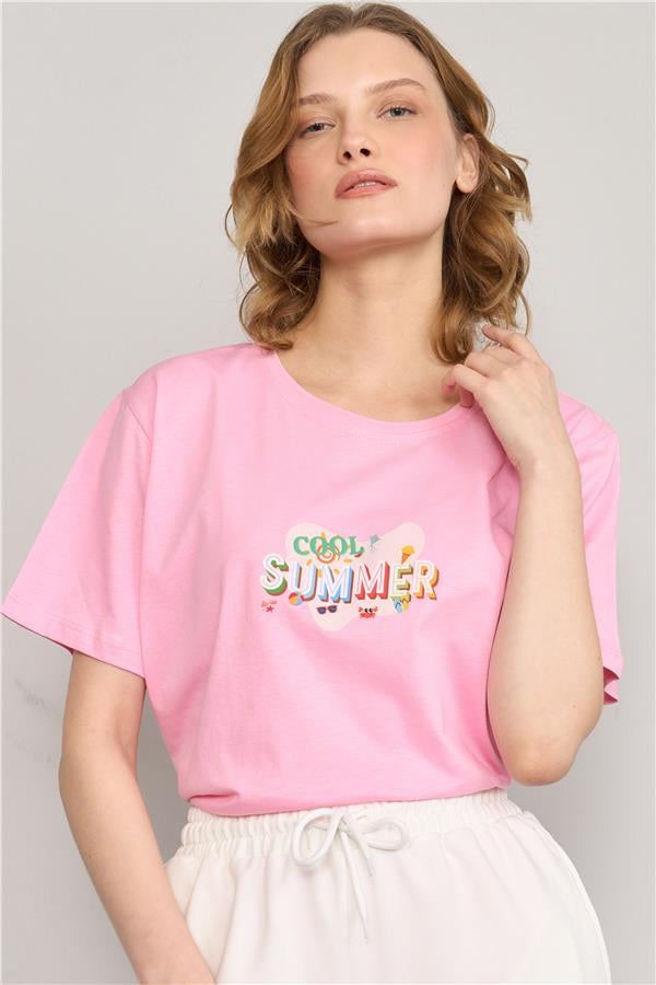 Çetinkaya Fithit 8493 Bayan Bisiklet Yaka 30/1 Compact Penye Süprem Baskılı T-shirt Pembe