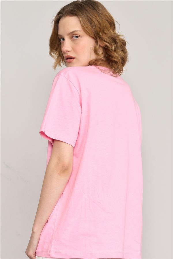 Çetinkaya Fithit 8493 Bayan Bisiklet Yaka 30/1 Compact Penye Süprem Baskılı T-shirt Pembe