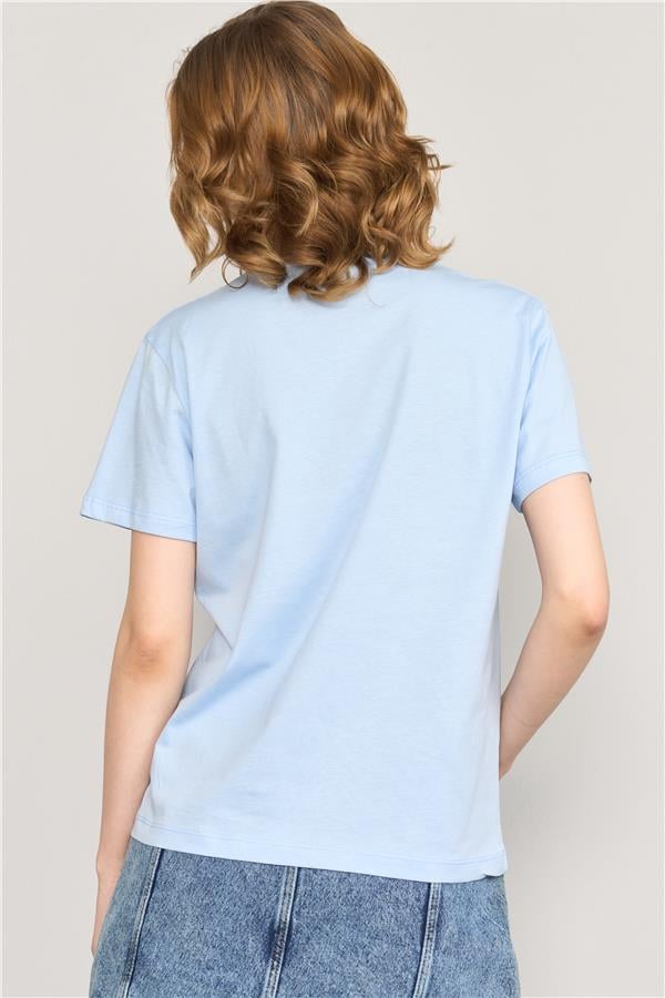 Çetinkaya Fithit 8497 Bayan Bisiklet Yaka 30/1 Compact Penye Süprem Baskılı T-shirt Açık Mavi