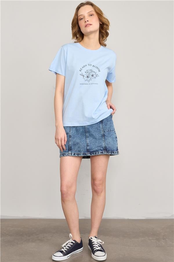 Çetinkaya Fithit 8497 Bayan Bisiklet Yaka 30/1 Compact Penye Süprem Baskılı T-shirt Açık Mavi