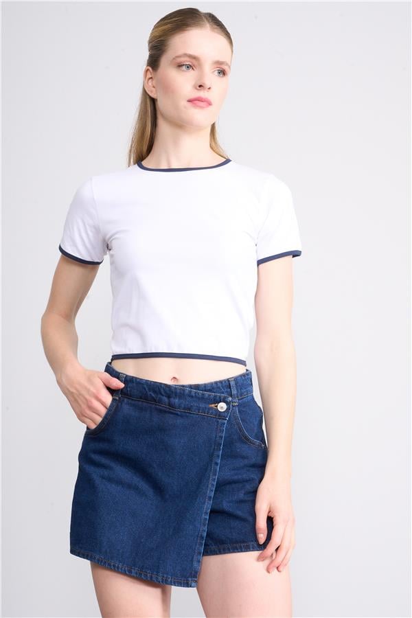 Çetinkaya Fithit 8505 Bayan Bisiklet Yaka 30/1 Likralı Süprem Crop T-shirt Beyaz