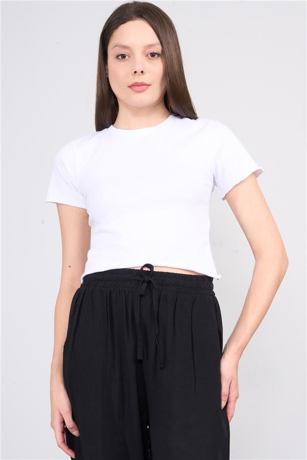 Çetinkaya Fithit 8506 Bayan Bisiklet Yaka 30/1 Likralı Süprem Crop T-shirt Beyaz