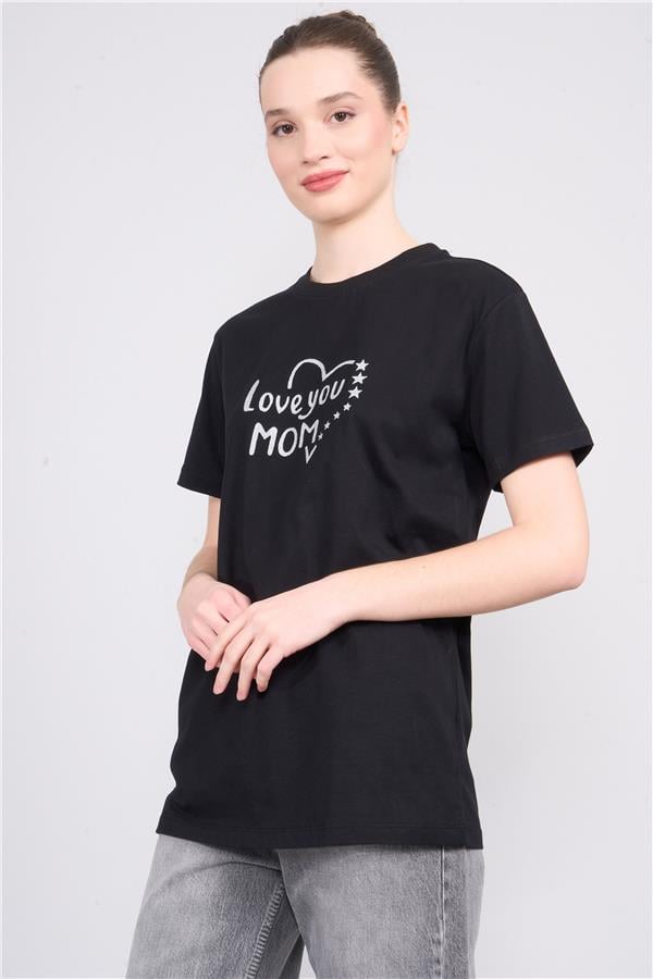 Çetinkaya Fithit 8511 Bayan Bisiklet Yaka 30/1 Penye Baskılı Regular T-shirt Siyah