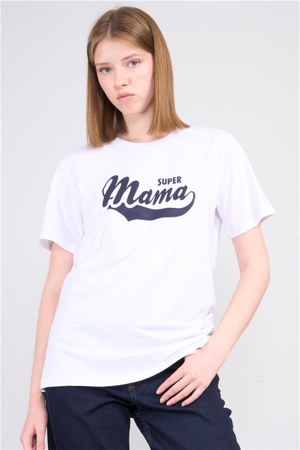 Çetinkaya Fithit 8512 Bayan Bisiklet Yaka 30/1 Penye Baskılı Regular T-shirt Beyaz