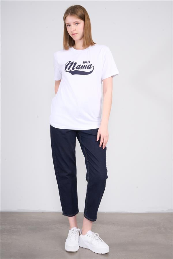 Çetinkaya Fithit 8512 Bayan Bisiklet Yaka 30/1 Penye Baskılı Regular T-shirt Beyaz