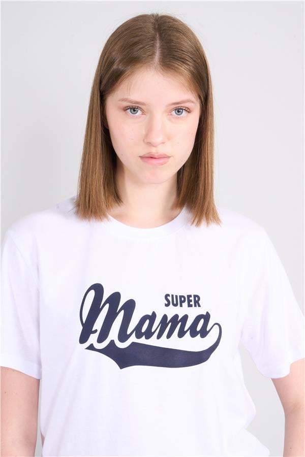 Çetinkaya Fithit 8512 Bayan Bisiklet Yaka 30/1 Penye Baskılı Regular T-shirt Beyaz
