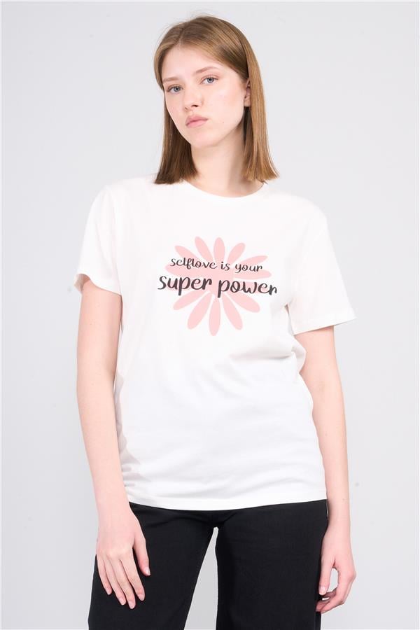 Çetinkaya Fithit 8733  Bayan Bisiklet Yaka Baskılı ıT-shirt Krem